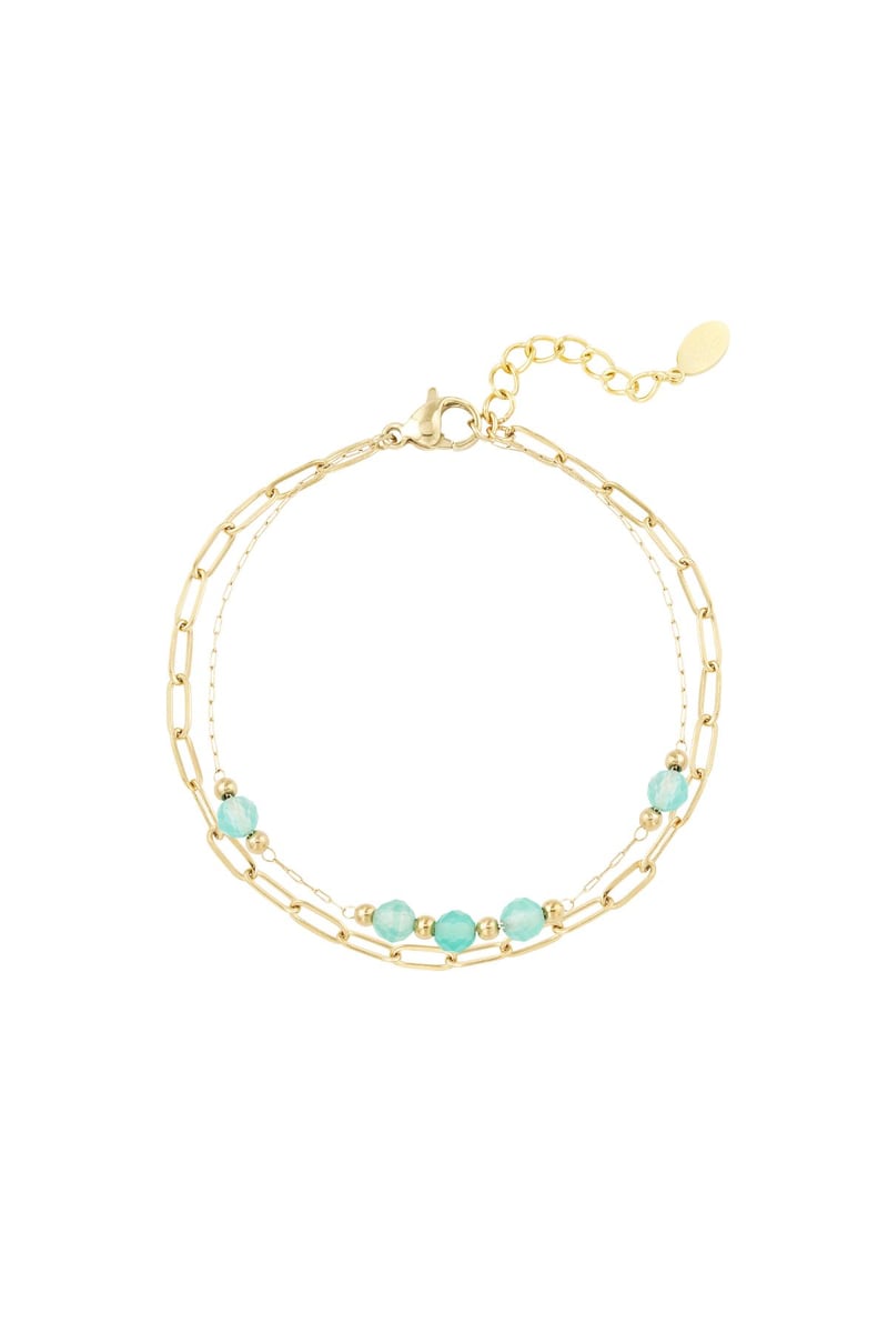 Double bracelet links/round beads - Natural stones collection Green & Gold Color Stainless Steel